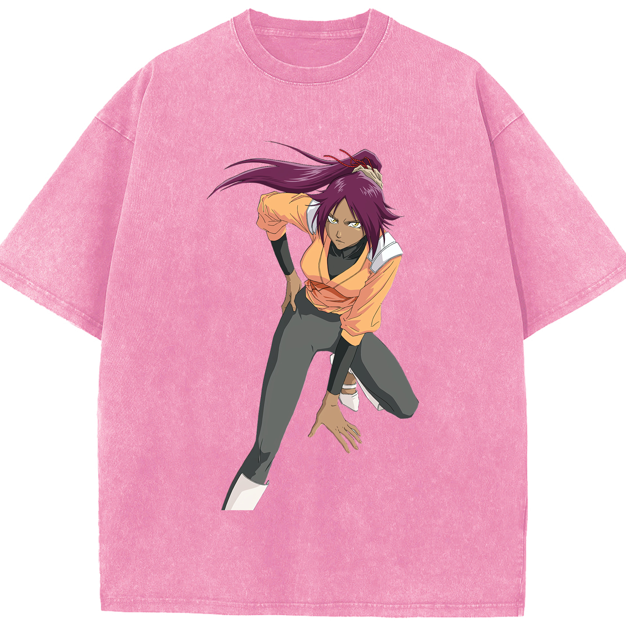（画像用） ブリーチ 四楓院 夜一（しほういん よるいち） BLEACH Shihouin Yoruichi 綿100% ヴィンテージ風 半袖Tシャツ（フロントプリント）